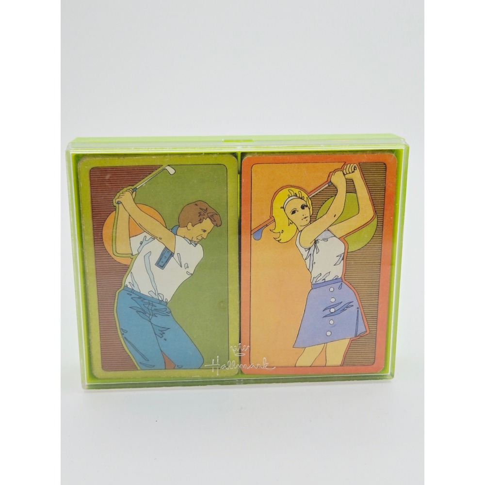 Vtg Hallmark Golfers Bridge Playing Cards Double Deck Set MCM Retro Green Case